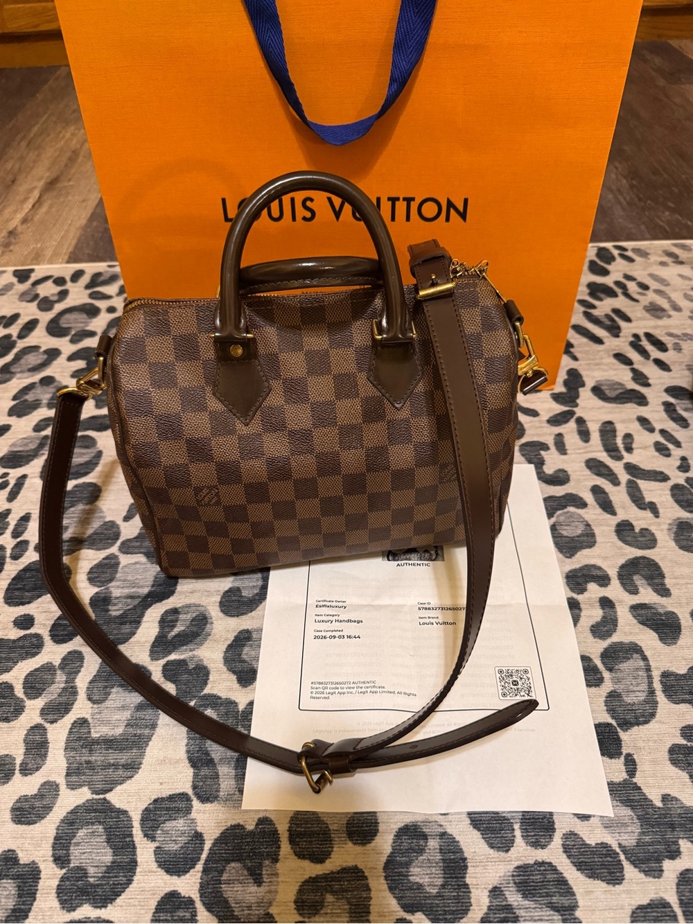 Authentic Louis Vuitton Brown Damier Ebene Speedy 25 Bandoliere with COA